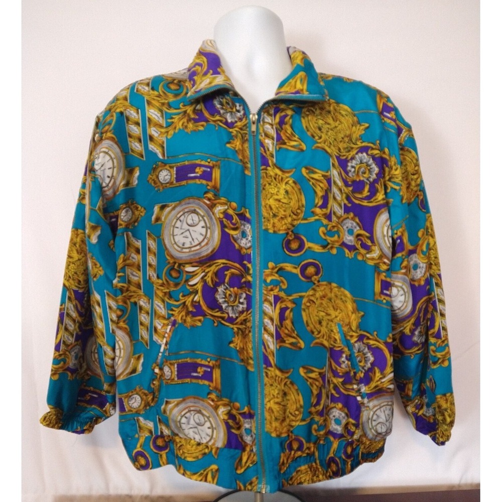 Vintage EVR Silk Long Sleeve Zip Up Clock Print Jacket Medium